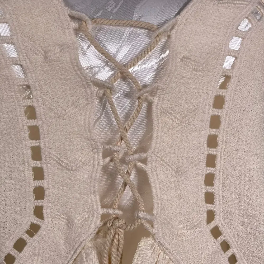 NWT Sage Boho Open Lace Front Ruffle Peasant Coquette Cream Gray Top Size Small - Picture 6 of 16